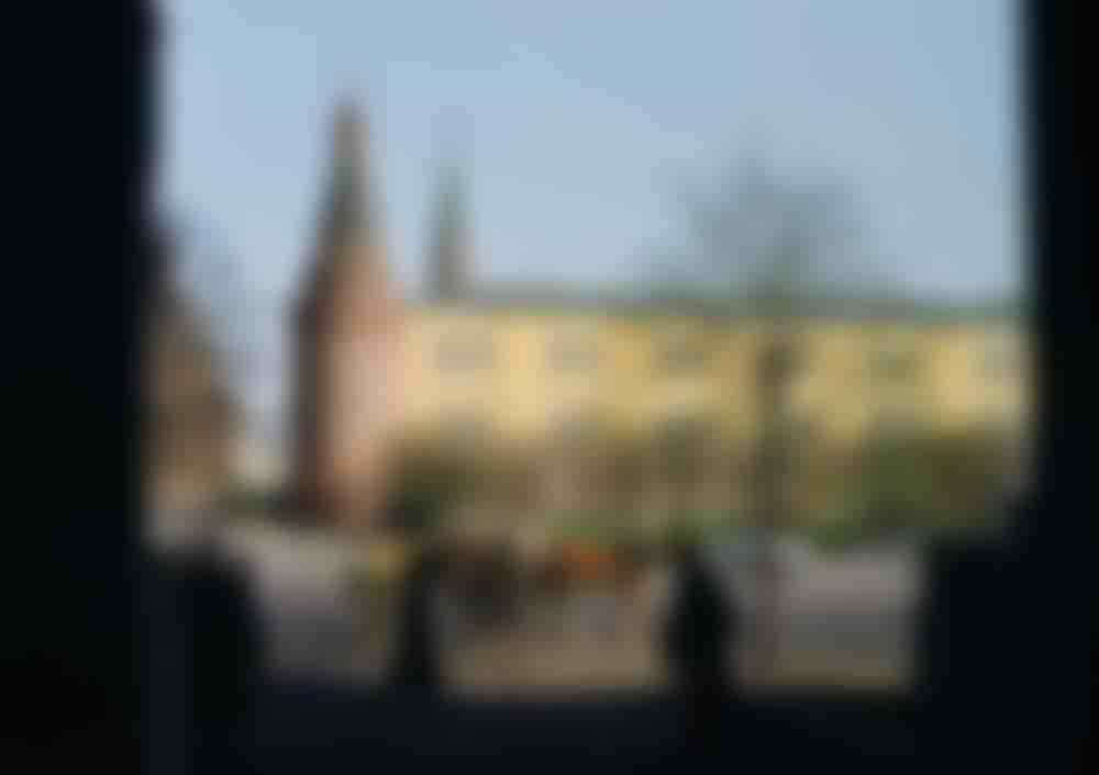 View of the Kremlin from the entrance to 13 Mokhovaya ulitsa, then the location of the U.S. Embassy in Moscow.